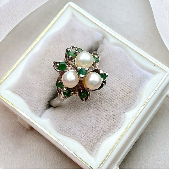 🌺Vintage Sterling Genuine Emerald/Pearl Ring - Picture 2 of 12
